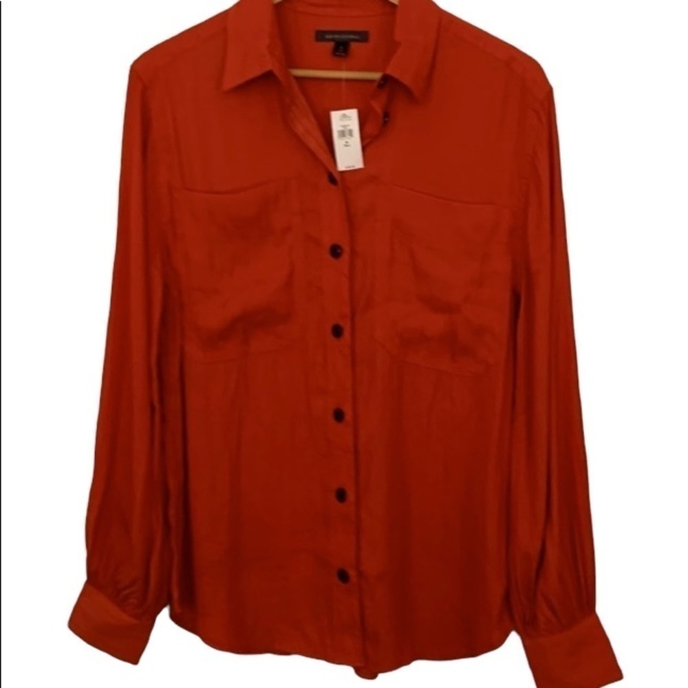 BANANA Republic Silky Long Sleeve Burnt Orange Career Wear Blouse Sz M Tall